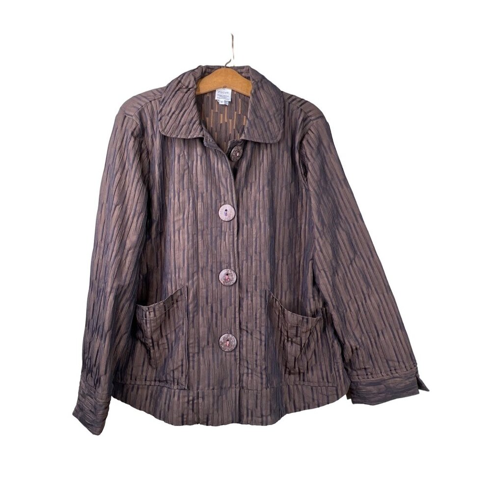 Focus Casual Jacket Size Medium Crinkle Embossed Stripe Brown Lagenlook Artsy